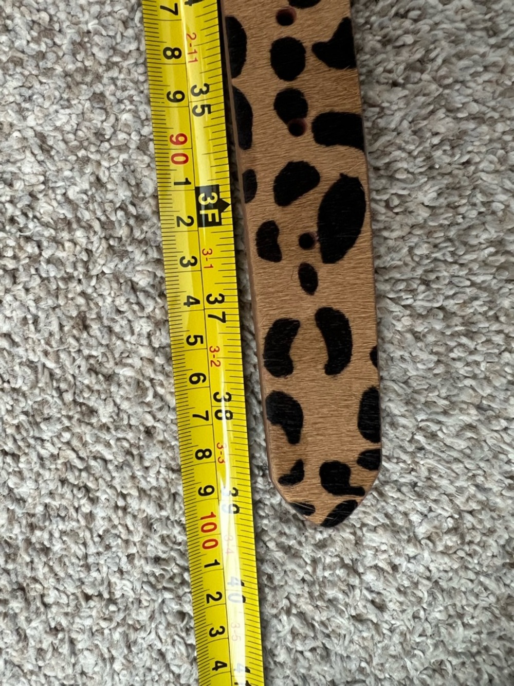 Leopard Print Calf Hair Belt Tan Black Animal Print Gold Wood Buckle Women Small - Picture 4 of 4
